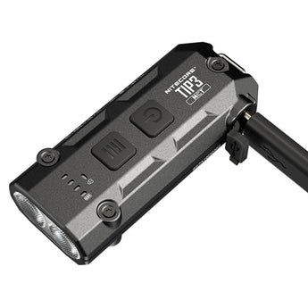 Black portable light with digital display on a white background