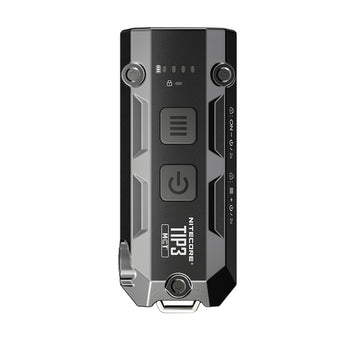 Black Nitecore Tip 3 with buttons and branding on a white background