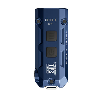 Blue flashlight with buttons and branding on a white background