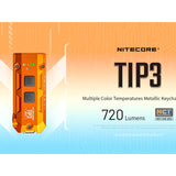 Nitecore TIP3 keychain light with metallic finish on a gradient background