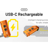 Orange USB-C rechargeable info with charging icon and text on a white background