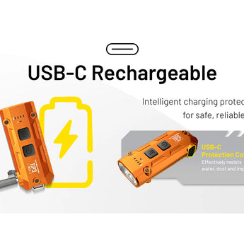 Orange USB-C rechargeable info with charging icon and text on a white background