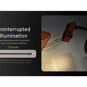 LED reading light feature on a book with text about uninterrupted illumination.
