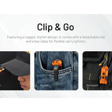 Product display with 'Clip & Go' feature, showing attachments on cap brim, pocket, and backpack.