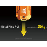Orange light with metal ring pull feature and weight capacity on a black background