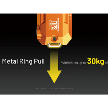 Orange light with metal ring pull feature and weight capacity on a black background