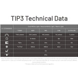 Technical data chart for TIP3 light system on a white background