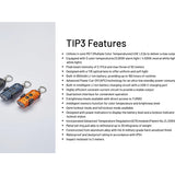 Three small flashlights with colorful lights on a gray background, accompanied by text detailing 'TIP3 Features'.
