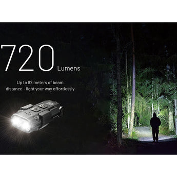 Flashlight with 720 lumens illuminating a person walking through a forest at night.