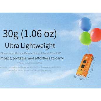 Orange device with balloons against a blue sky background, highlighting its ultra-lightweight nature.