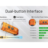 Orange flashlight with dual-button interface diagram on a white background