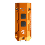 Orange flashlight with buttons and display on a white background