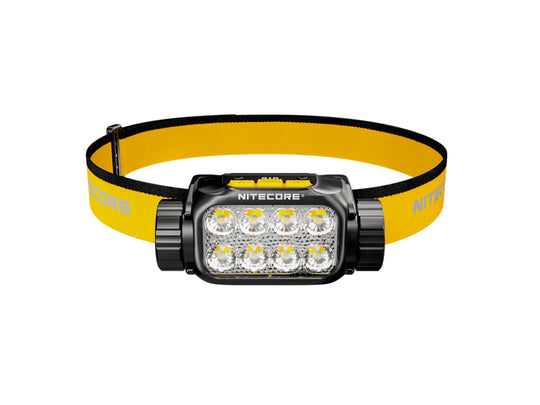 Nitecore headlamp with yellow headband on a white background