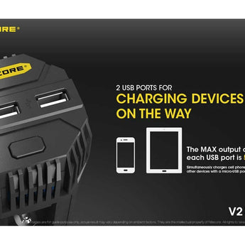 Nitecore V2 Smart Battery Car Charger for Li-Ion, IMR, Ni-MH and Ni-Cd Batteries - Includes DC Cable