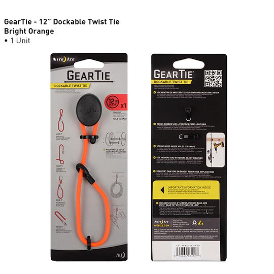 Nite Ize Gear Tie Dockable Rubber Twist Tie with Adhesive End and Stretch Loop - 12-Inch - Blaze Orange (GLK12-31-R3)