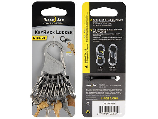 Nite Ize KeyRack Locker - Stainless Steel Carabiner with 6 x #0 S-Biner MicroLock Carabiner Clips - Silver (KLK-11-R3)