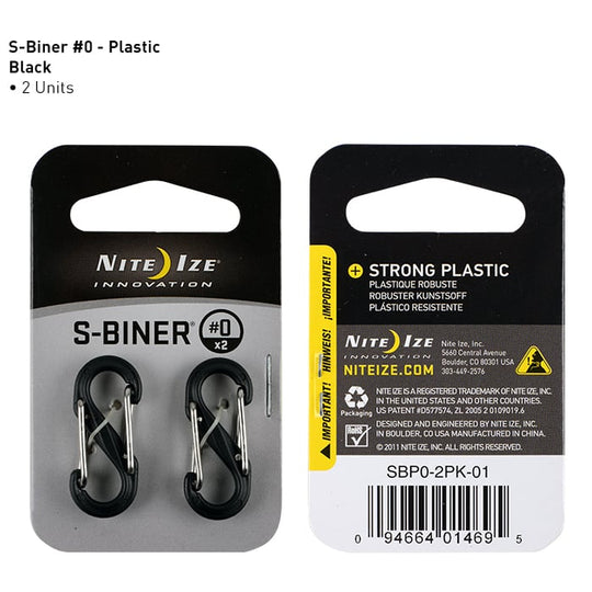 Nite Ize S-Biner SBP0-2PK-01 - Plastic Double-Gated Carabiner Clips - #0 - 2 Pack - Black