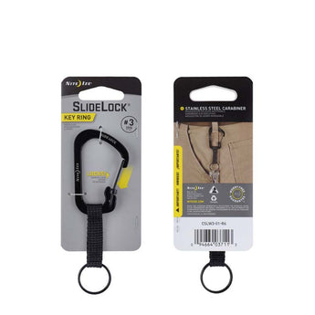 Nite Ize SlideLock Carabiner Key Ring - Stainless Steel with Sliding Lock - Includes Nylon Strap - #3 - Black or Stainless