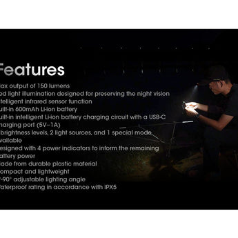 Nitecore NU11 USB-C Rechargeable LED Headlamp - 150 Lumens - Uses Built-in 600mAh Li-ion Battery Pack