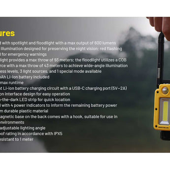 Nitecore NWL20 Triple Output USB-C Rechargeable LED Work Light - 600 Lumens - Includes 1 x 21700