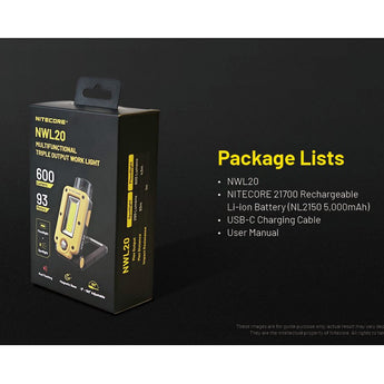 Nitecore NWL20 Triple Output USB-C Rechargeable LED Work Light - 600 Lumens - Includes 1 x 21700