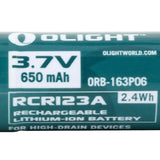 Olight 650mAh 16340 Li-Ion Battery Horizontal View of Front Jacket