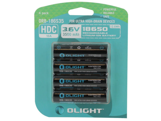 Olight ORB-186S35 HDC 18650 3500mAh 3.6V Protected High-Drain 10A Lithium Ion (Li-ion) Button Top Batteries for the X7 - 4 Pack Retail Card