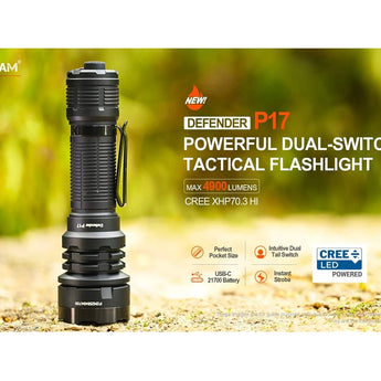 Acebeam Defender P17 Dual-Switch LED Flashlight - 4900 Lumens - CREE XHP70.3 HI - Includes 1 x USB-C Rechargeable 21700 - Black, Grey, OD Green, and Desert Sand