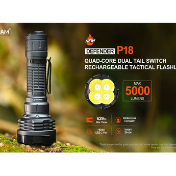 Acebeam Defender P18 USB-C Rechargeable Dual-Switch LED Flashlight - 5000 Lumens - 4 x Luminus SFT40 - Includes 1 x 21700