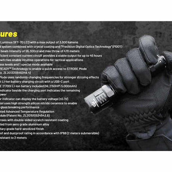 Nitecore P23i USB-C Rechargeable Tactical LED Flashlight - 3000 Lumens - Luminus SFT-70 - Includes 1 x 21700