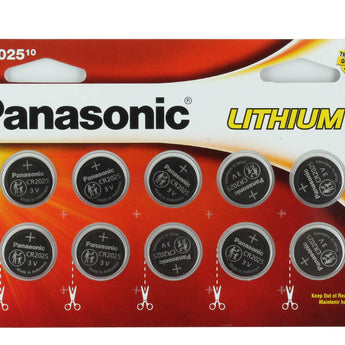 Panasonic CR2025 165mAh 3V Lithium (LiMnO2) Coin Cell Battery - 10 Piece Wide Size Carded Packaging