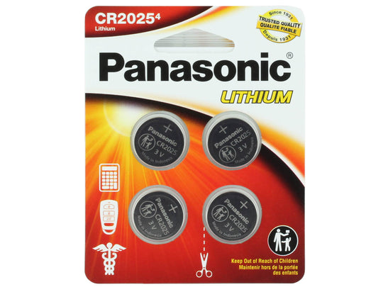 Panasonic CR2025 165mAh 3V Lithium (LiMnO2) Coin Cell Battery - 4 Piece Standard Size Carded Packaging