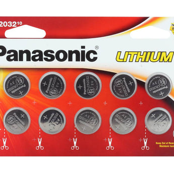 Panasonic CR2032 220mAh 3V Lithium (LiMnO2) Coin Cell Battery - 10 Piece Wide Size Carded Packaging