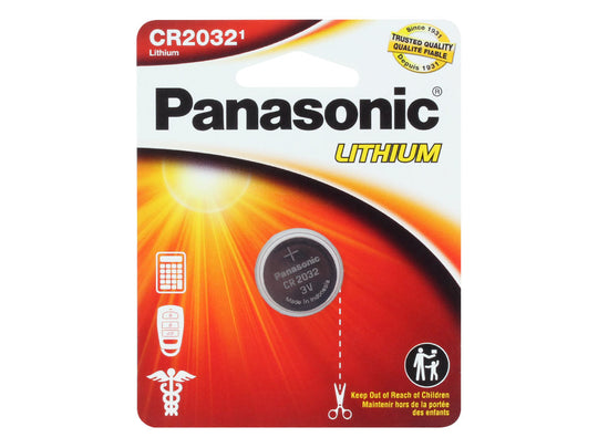 Panasonic CR2032 220mAh 3V Lithium (LiMnO2) Coin Cell Battery - 1 Piece Standard Size Carded Packaging