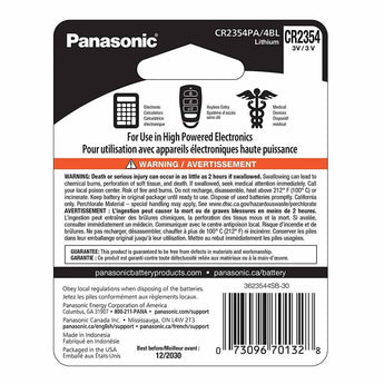 Panasonic CR2354 560mAh 3V Lithium Primary (LiMnO2) Coin Cell Watch Battery - 4 Piece Carded Packaging