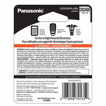 Panasonic CR2450 620mAh 3V Lithium Primary (LiMnO2) Coin Cell Watch Battery - 4 Piece Carded Packaging