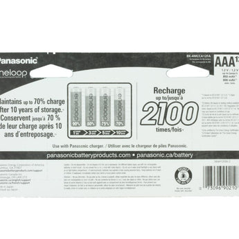 Panasonic Eneloop BK-4MCCA12FA AAA 800mAh 1.2V Low Self Discharge Nickel Metal Hydride (NiMH) Button Top Batteries - 12 Pack Retail Card