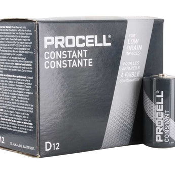 Duracell Procell PC1300 D-cell in Front of Box of 12 Batteries