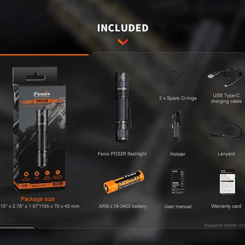 Fenix PD32R USB-C Rechargeable LED Flashlight - 1400 Lumens - Luminus SFT40 - Includes 1 x 3.6V 3400mAh 18650