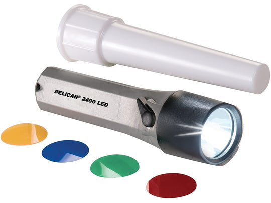 Pelican StealthLite 2490 LED Flashlight with Traffic Wand and 4 Color Filters - 64 Lumens - Uses 4 x AAs - Gray (2490-000-180)