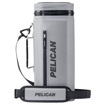 pelican dayventure sling cooler, grey, upright with strap showing
