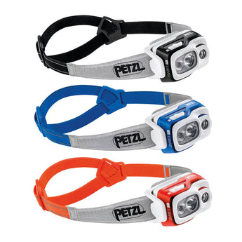 Petzl Swift RL Rechargeable Headlamp - 900 Lumens - Includes 2350mAh Li-ion Battery Pack - Black, Blue or Orange