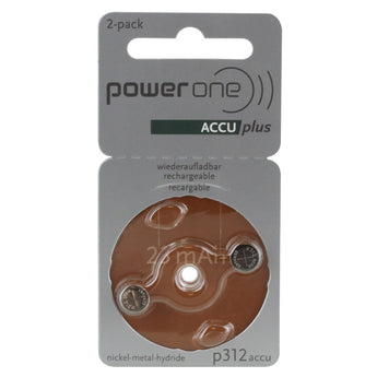PowerOne Size 312 23mAh 1.2V NiMh Rechargeable Hearing Aid Batteries - 2 Pack Retail Card