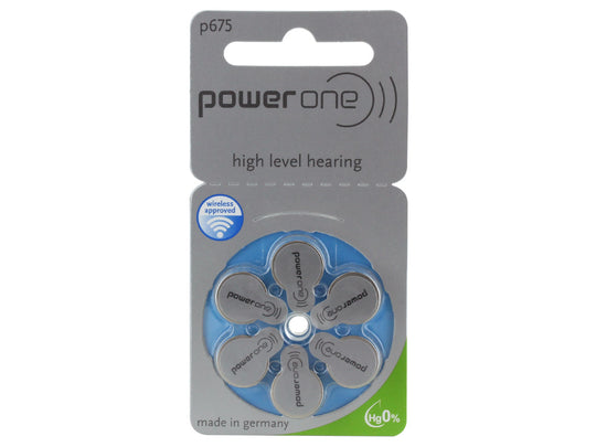 PowerOne P675-6PK-MF (6PK) Size 675 650mAh 1.45V Zinc Air Blue Hearing Aid Batteries - 6 Pack Retail Card