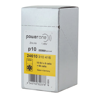 PowerOne P10-6PK-MF (6PK) Size 10 100mAh 1.45V Zinc Air Yellow Hearing Aid Batteries - 6 Pack Retail Card