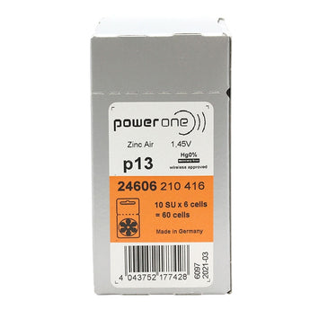 PowerOne P13-6PK-MF (6PK) Size 13 300mAh 1.45V Zinc Air Orange Hearing Aid Batteries - 6 Pack Retail Card