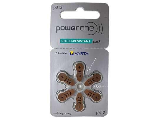 PowerOne P312-6PK-MF (6PK) Size 312 170mAh 1.45V Zinc Air Brown Hearing Aid Batteries - 6 Pack Retail Card