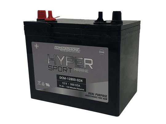 Power-Sonic DCM-12800-G24 AGM Deep Cycle 79Ah 12V 550CCA Rechargeable Sealed Lead Acid (SLA) Marine Battery - Group 24 - SAE Dual Terminal