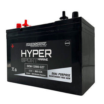 Power-Sonic DCM-12900-G27 AGM Deep Cycle 92Ah 12V 800CCA Rechargeable Sealed Lead Acid (SLA) Marine Battery - Group 27 - SAE Dual Terminal