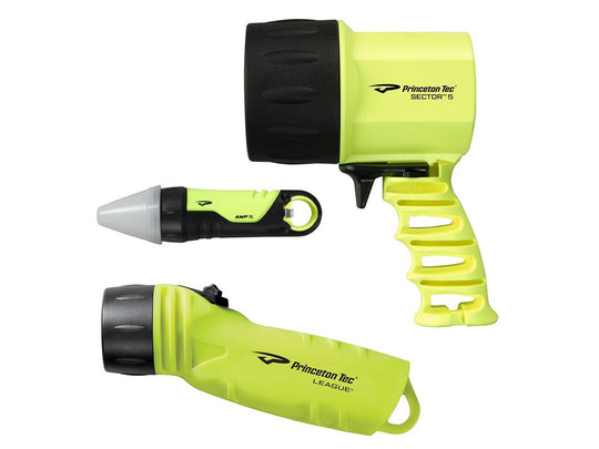 Princeton Tec Reef Pack Dive Light Kit - with Sector 5, League 100 and AMP 1 LC Dive Lights - Neon Yellow